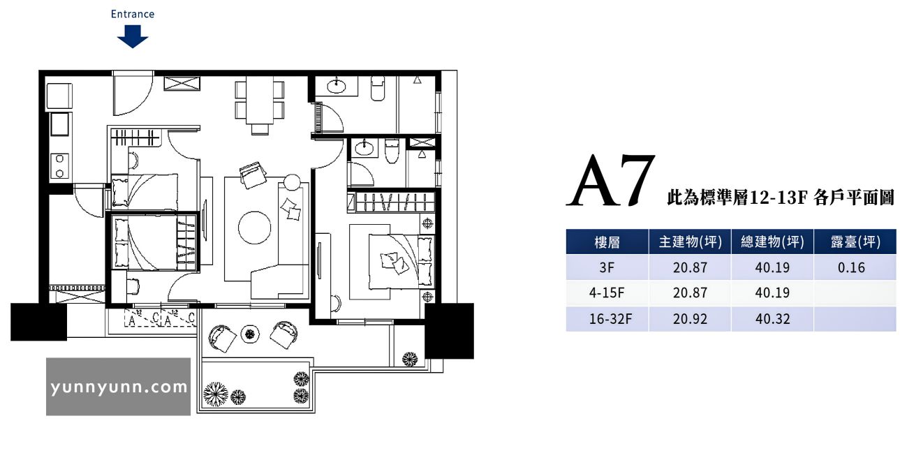 鑫天際 A6 2+1房2衛 格局圖：3-15F 49.58坪 / 16-32F 49.72坪