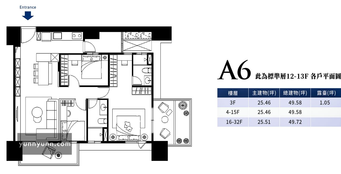 鑫天際 A6 2+1房2衛 格局圖：3-15F 49.58坪 / 16-32F 49.72坪